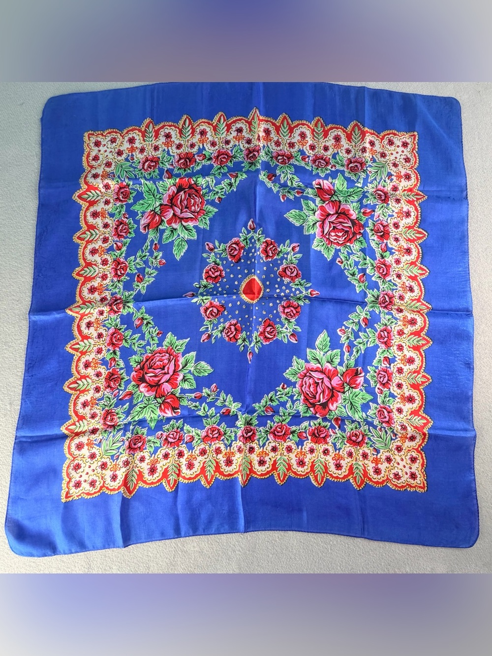 Vintage Floral Scarf Blue Satin Rose 31X32 Boho Cover Belt Accent Feminine